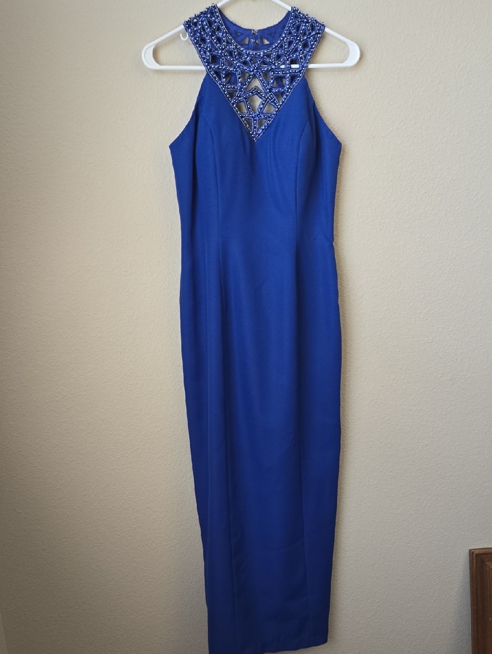 Embellished High-Neck Royal Blue Maxi Dress